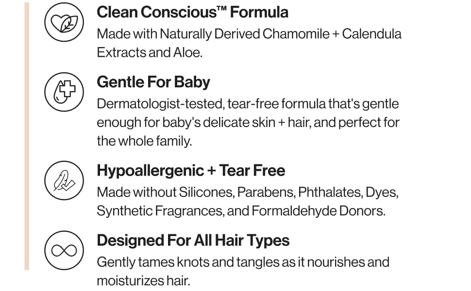 Clean Conscious Formula; Gentle For Baby; Hypoallergenic; Cruelty Free; Designed for all Hair Types