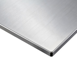 Brushed stainless steel or aluminum panel with beveled edge, showing metallic surface texture and reflective properties.