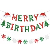 Yahpetes Merry Christmas Banner Red &amp; Green Glittery Christmas Bunting Garland Snowflake Party Su...