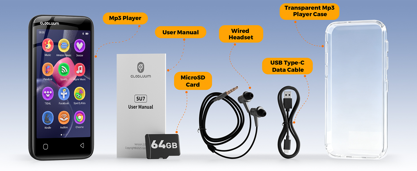 MP3 player with included accessories: manual, 64GB card, wired earbuds, USB-C cable, and case.
