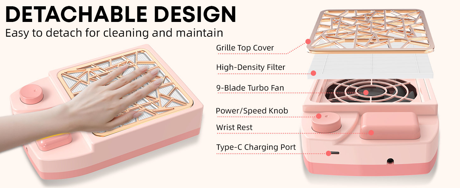 Rechargeable nail dust collector with detachable design