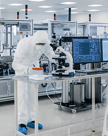 Laboratory setting with person in protective suit operating equipment. Microscopes, monitors, and machinery visible on sterile workbenches.
