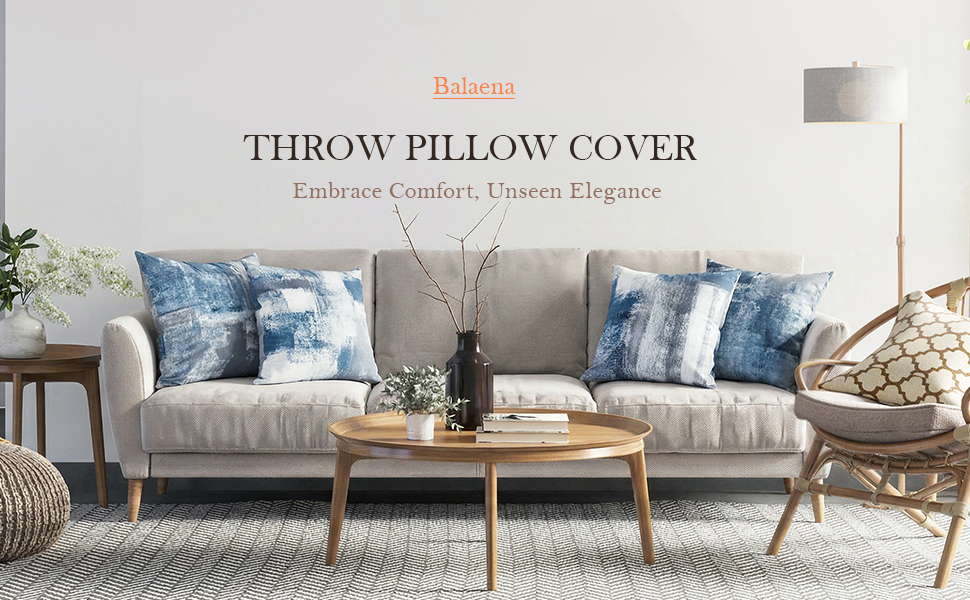 Set of 4 abstract art throw pillow covers 18x18 in dusty blue and grey for modern couch decor.