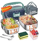 Electric Heated Lunch Box for Adults with 2 Pack 1.5L Containers, Portable 100W 3-IN-1 Fast Heate...