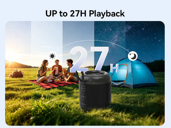 Text reads 'UP to 27H Playback'. Image shows outdoor camping scene with family, large '27' numeral, and black portable speaker device on ground.