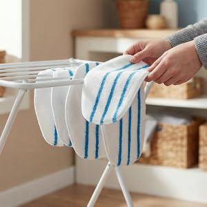 Sequence showing hands applying blue and white striped tape or markers at regular intervals along what appears to be a white surface or edge.