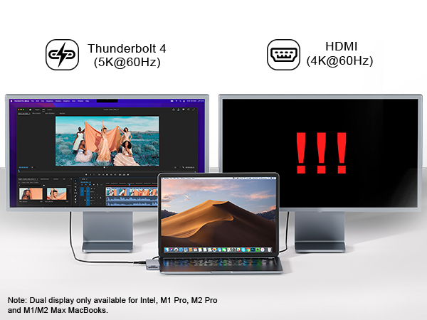 Text reads 'Thunderbolt 4' and 'HDMI'. Series of product interface images showing computer monitor ports and connectivity options with technical specifications displayed.