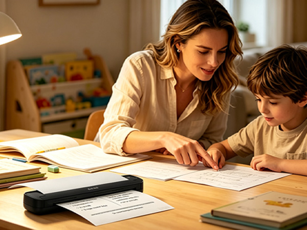 Mother and child use the ST80A portable printer to print worksheets and study materials at home