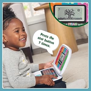 Toy laptop: Press the star button 7 times! Kid presses button and smiles as tree grows.