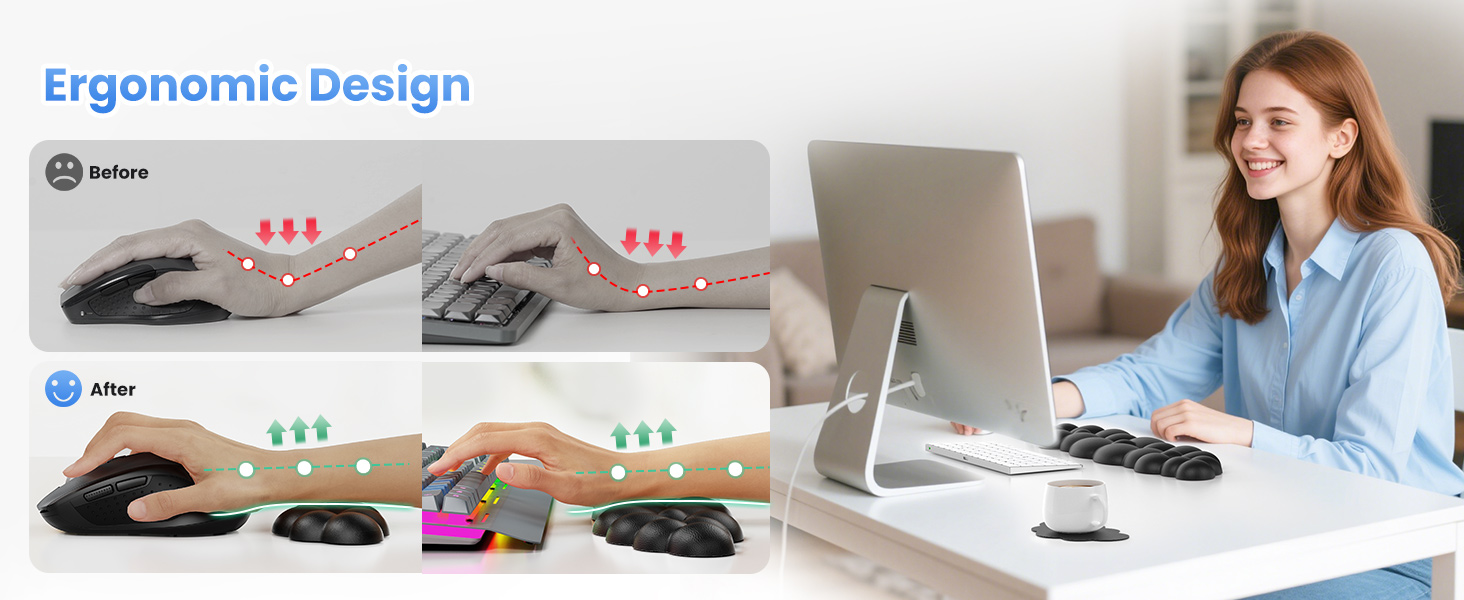 Ergonomic keyboard and mouse design comparison. Before: traditional setup with red arrows showing stress points. After: split keyboard and vertical mouse with green arrows indicating reduced strain.