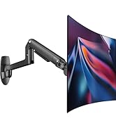 Black articulating wall mount bracket for TV or monitor display, shown with mounted screen featuring blue and red abstract pattern.