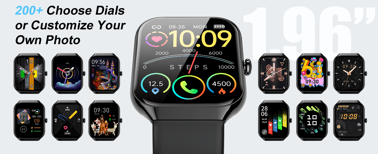 Smartwatch with customizable display options. Central watch shows colorful interface. Surrounding smaller images showcase various dial designs, including analog and digital styles with different themes and data visualizations.