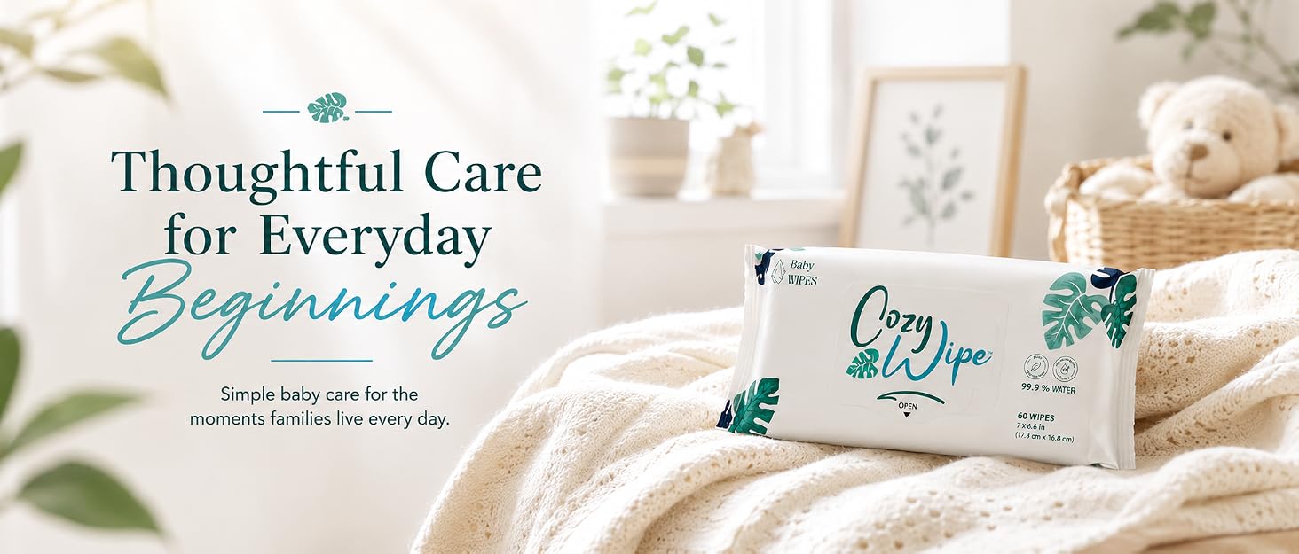 Cozy Wipe baby wipes displayed in a warm nursery scene for thoughtful everyday baby care.