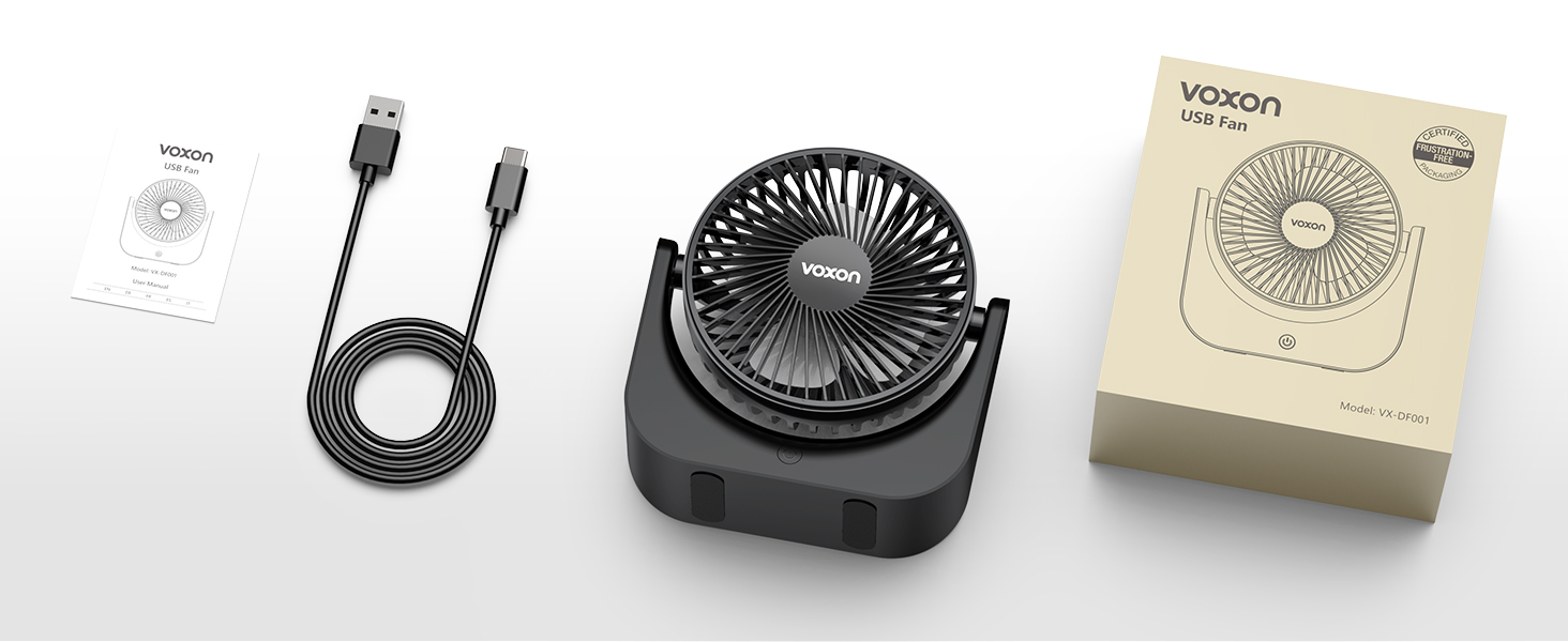 Portable fan set with USB cable, small black square fan unit, and product packaging showing fan design.