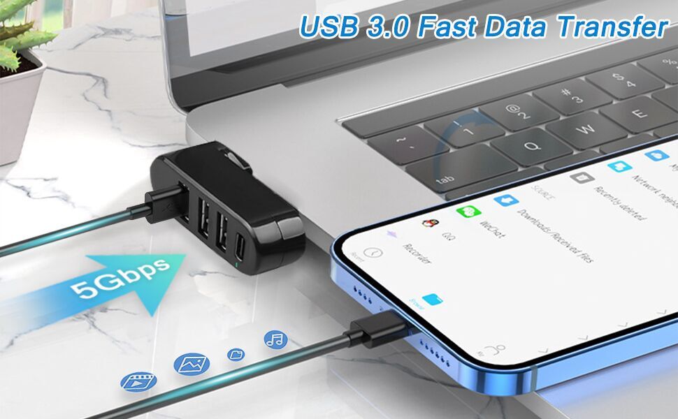 4 port usb 3.0 hub with usb c power port (rotatable 90/180 degree)