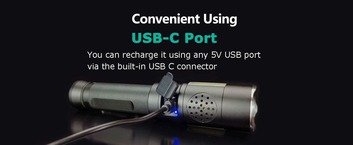 MML-2002 self defense flashlight rechargeable alarms USB C COB light