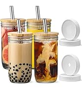 [ 4 Pack ] Glass Cups Set - 24oz Mason Jar Drinking Glasses w Bamboo Lids &amp; Straws &amp; 2 Airtight L...