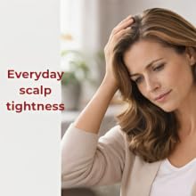 Woman touching her scalp, representing everyday scalp tightness