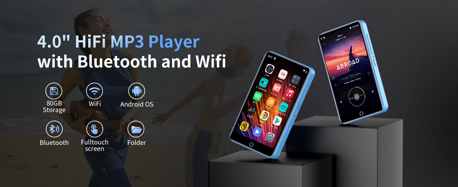 4.0-inch HiFi MP3 player advertisement showing device with WiFi and Bluetooth capabilities, featuring touchscreen display and interface icons.