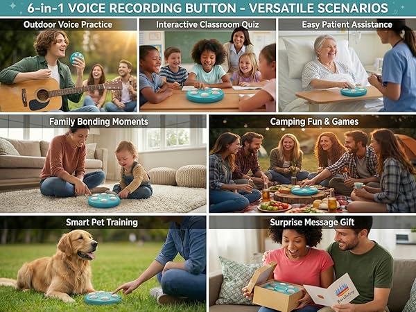 6-in-1 voice recording button shown in family, learning, outdoor and interactive use scenes
