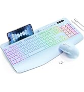 Wireless Keyboard and Mouse Combo, 9 Backlit Effects, Wrist Rest, Phone Holder, 2.4G Lag-Free Erg...