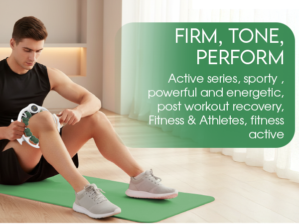 Athletic man using green massage roller for muscle relief post workout recovery