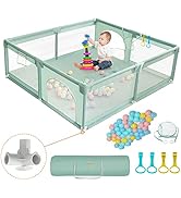 Mint green portable play yard with mesh sides, includes colorful balls and mounting accessories. Product shown assembled with play balls scattered inside.