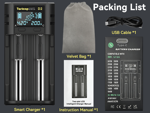 D2 18650 Battery Charger-2 Bay 1A Fast 3.7V 600(7)
