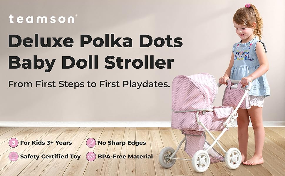 Girl pushing baby doll stroller with safety icons next to it 