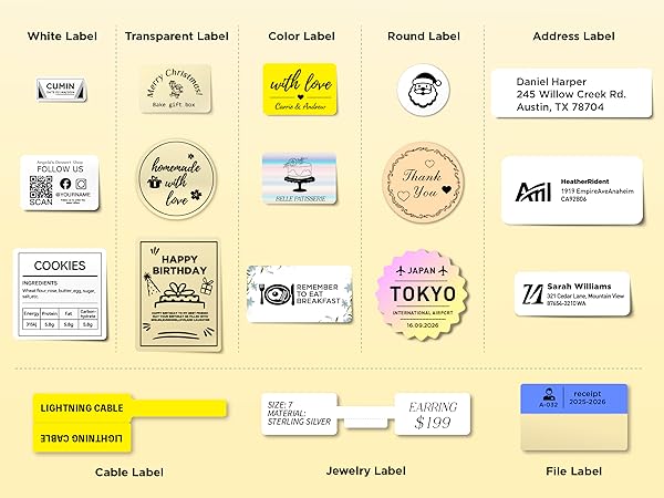 Labels of various styles including rectangular, round, address, cable, jewelry and file labels