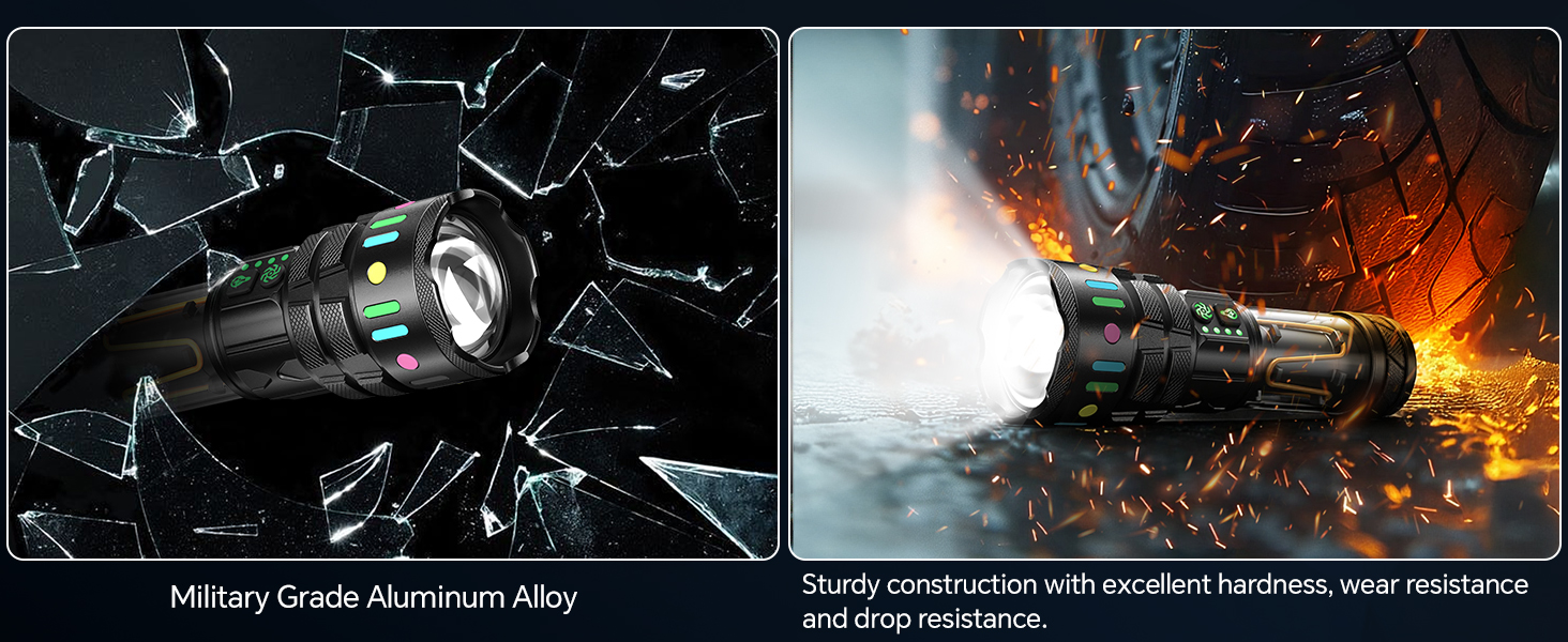 Text reads 'Military Grade Aluminum Alloy.' Multiple dramatic rendered images showing technical product details with explosive effects and lighting.