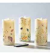 Eywamage Fiber Optic Flameless Pillar Candles with Remote Set of 3, Butterfly Floral Spring LED C...