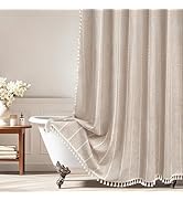 Seenus Boho Farmhouse Shower Curtain Heavyweight with Tassels, Taupe Linen Textured Fabric Shower...