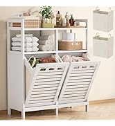 Homykic Tilt Out Laundry Hamper Cabinet, Bamboo Double Laundry Hamper with 2 Removable Laundry Ba...