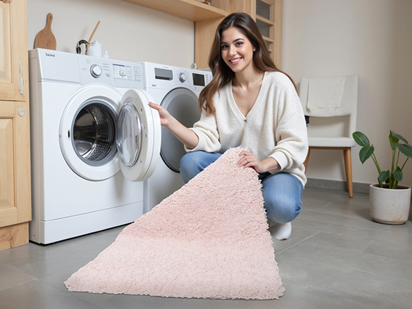 Machine washable pink bathroom rug