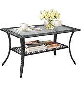 VINGLI Outdoor Coffee Table with Storage Wicker Patio Coffee Table, Tempered Glass Top Coffee Tab...