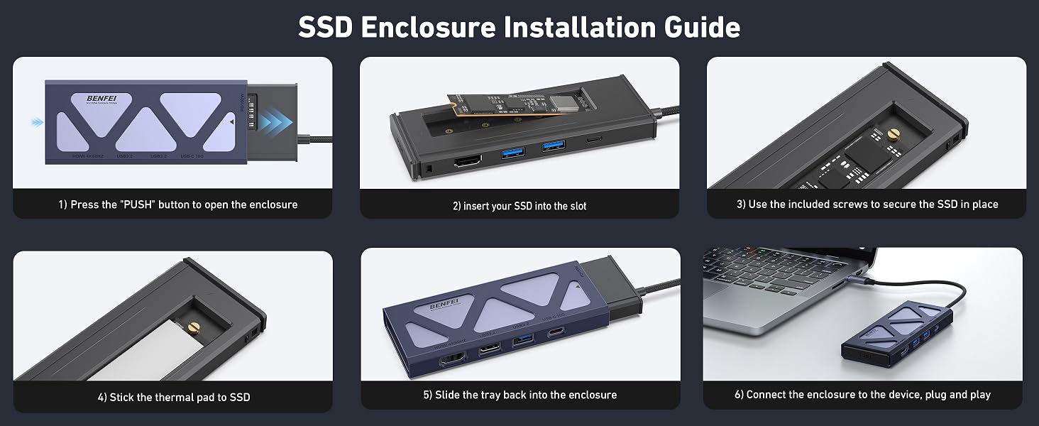 Text reads 'SSD Enclosure Installation Guide'. Step-by-step installation guide showing six panels demonstrating the process of installing an SSD drive into an enclosure.