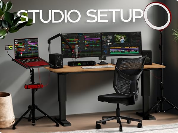 Set up the studio with laptop stand and light the workplace with ring lights