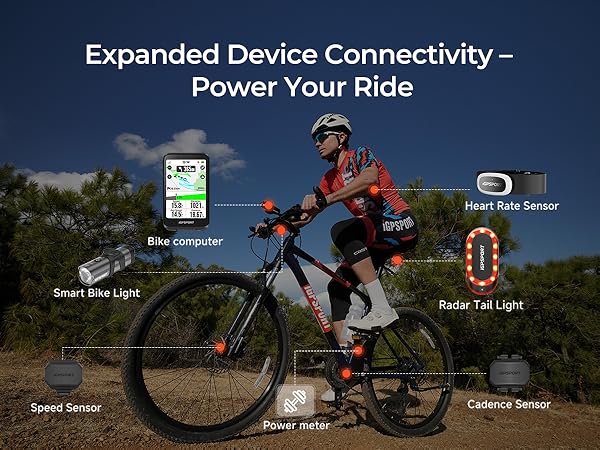 Cyclist on mountain bike with various device connectivity features labeled: bike computer, smart bike light, speed sensor, power meter, heart rate sensor, radar tail light, and cadence sensor.