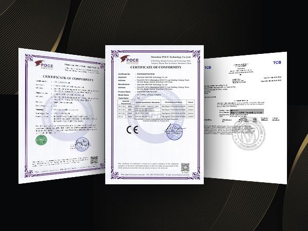 Three official-looking certificates or documents with purple borders, stamps, and signatures. They appear to be certifications or compliance documents.
