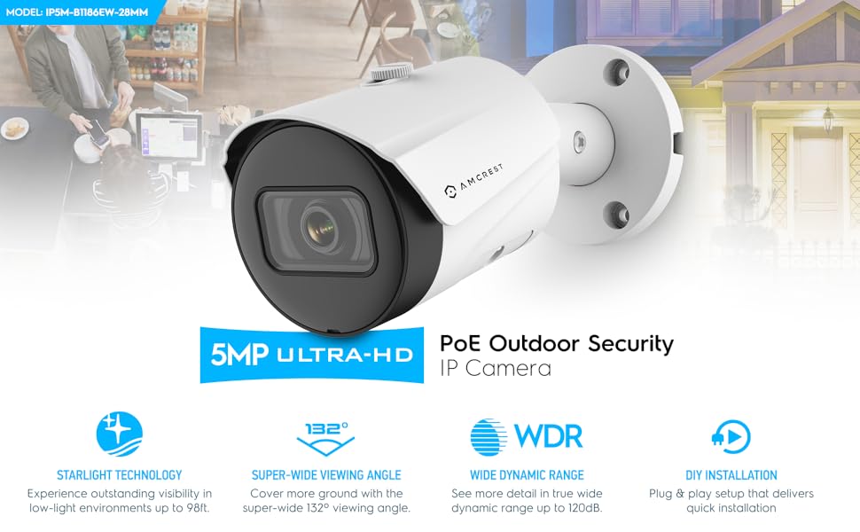 5mp ultrahd poe outdoor security camera with 98ft night vision, wdr, 132º viewing angle