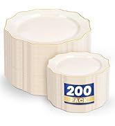 WDF 200PCS Ivory Plastic Plates with Gold Rim - Cream Plastic Plates - Include 100 Dinner &amp; 100 D...