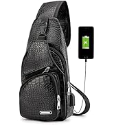 Peicees Leather Sling Bag Mens Crossbody Bag Chest Bag Sling Backpack for Men with USB Charge Port
