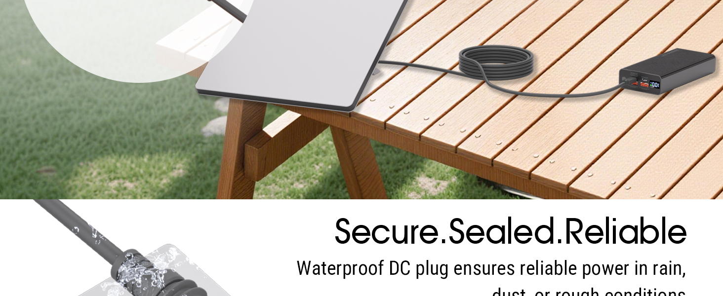 Secure.Sealed.ReliableWaterproof DC plug ensures reliable power in rain,dust, or rough conditions