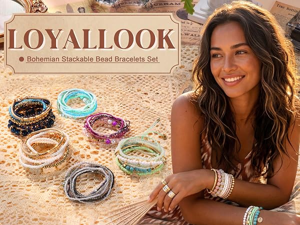 Bohemian Stackable Bead Bracelets for Women Stretch Bohemian Style Multilayered Boho Bracelet