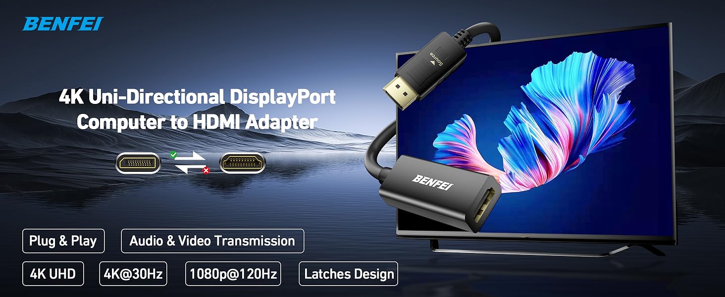 Text reads '4K Uni-Directional DisplayPort Computer to HDMI Adapter'. Product image shows a black electronic adapter device with cable against blue background with technical graphics.