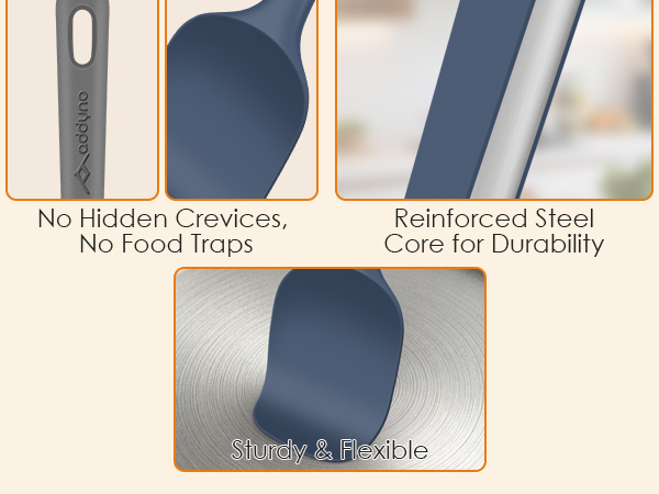 Silicone kitchen utensils with seamless design, reinforced steel core, and sturdy yet flexible heads