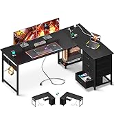AODK L Shaped Desk with 4 Tier Drawers, 61" Reversible Gaming Desk with Power Outlets, L Shaped C...