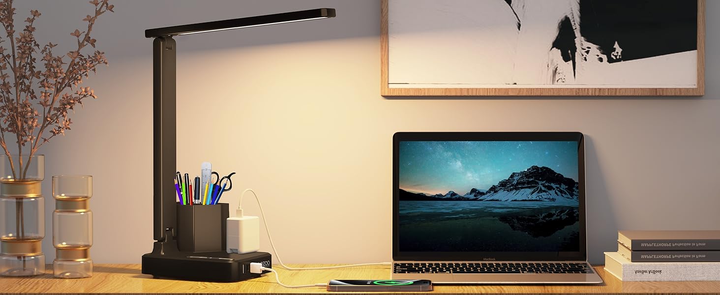 Desk Lamp with 3 USB Charging Ports,1 AC Outlet,2 Pen Holders
