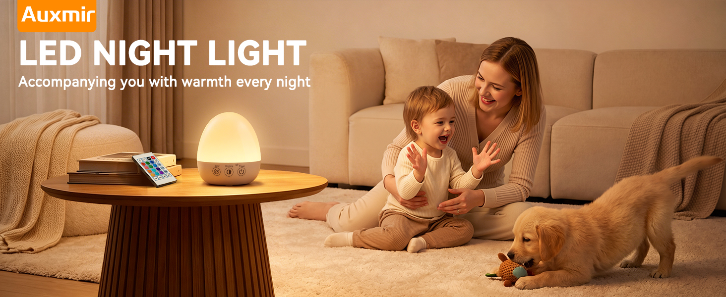 Auxmir egg shaped LED kids night light, soft warm bedside lamp for nursery and family daily use